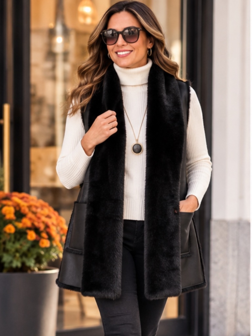 Marla Wynne Black Faux Leather Faux Fur Open Front Vest Size L NWOT
